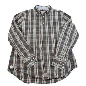 Canterbury of New Zealand mens gray blue white plaid button up.  Size L.  cotton